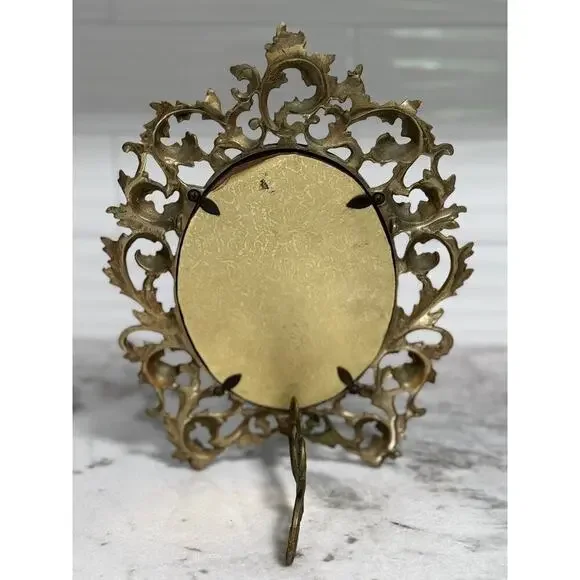 Antique Victorian Heavy Brass Art Nouveau Oval Self Standing Glass Mirror